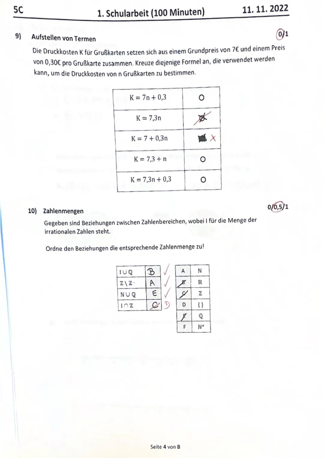5C
Name: Jana Mohamed
Punkte
Aufgabe 1-10
8
Aufgabe 11-13 15
Summe
23
Note:
1)
1. Schularbeit (100 Minuten)
von 10
von 22
von 32
Befriedigen