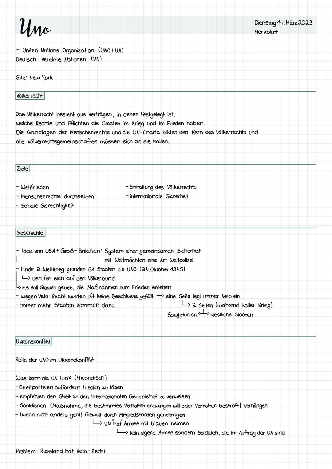Uno
~ United Nations Organization (UNO / UN)
Deutsch Vereinte Nationen (VN)
Sitz: New York
Völkerrecht
Das Völkerrecht besteht aus Verträgen
