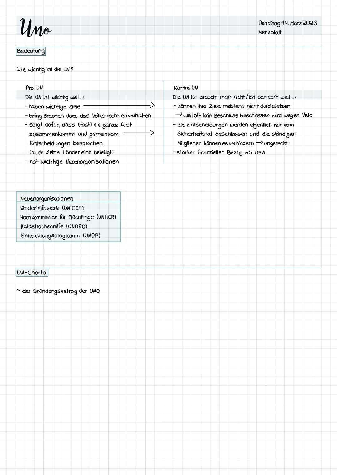 Uno
~ United Nations Organization (UNO / UN)
Deutsch Vereinte Nationen (VN)
Sitz: New York
Völkerrecht
Das Völkerrecht besteht aus Verträgen
