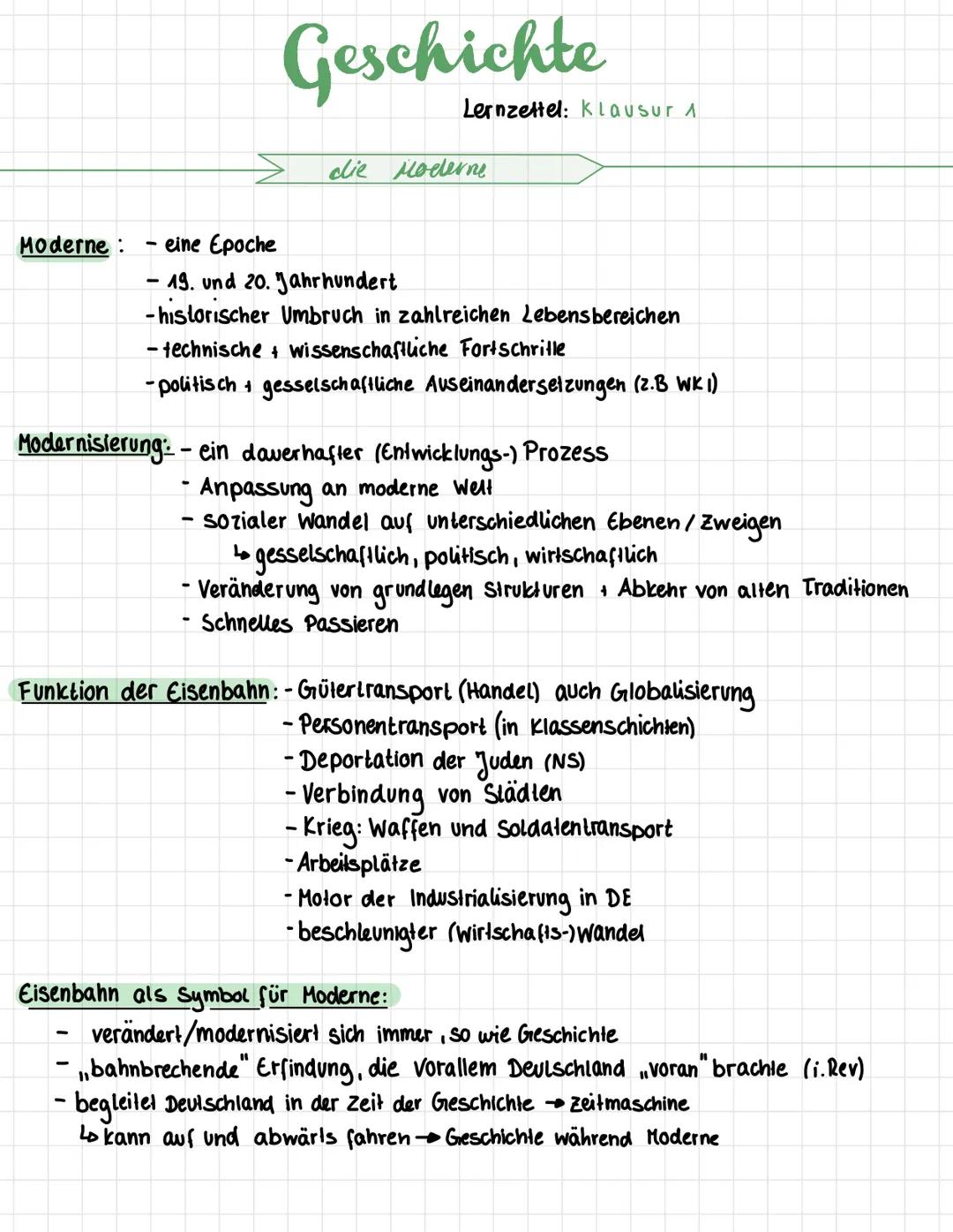 # Geschichte

Lernzettel: Klausur A

## die Moderne

Moderne: - eine Epoche

- 19. und 20. Jahrhundert

- historischer Umbruch in zahlreiche