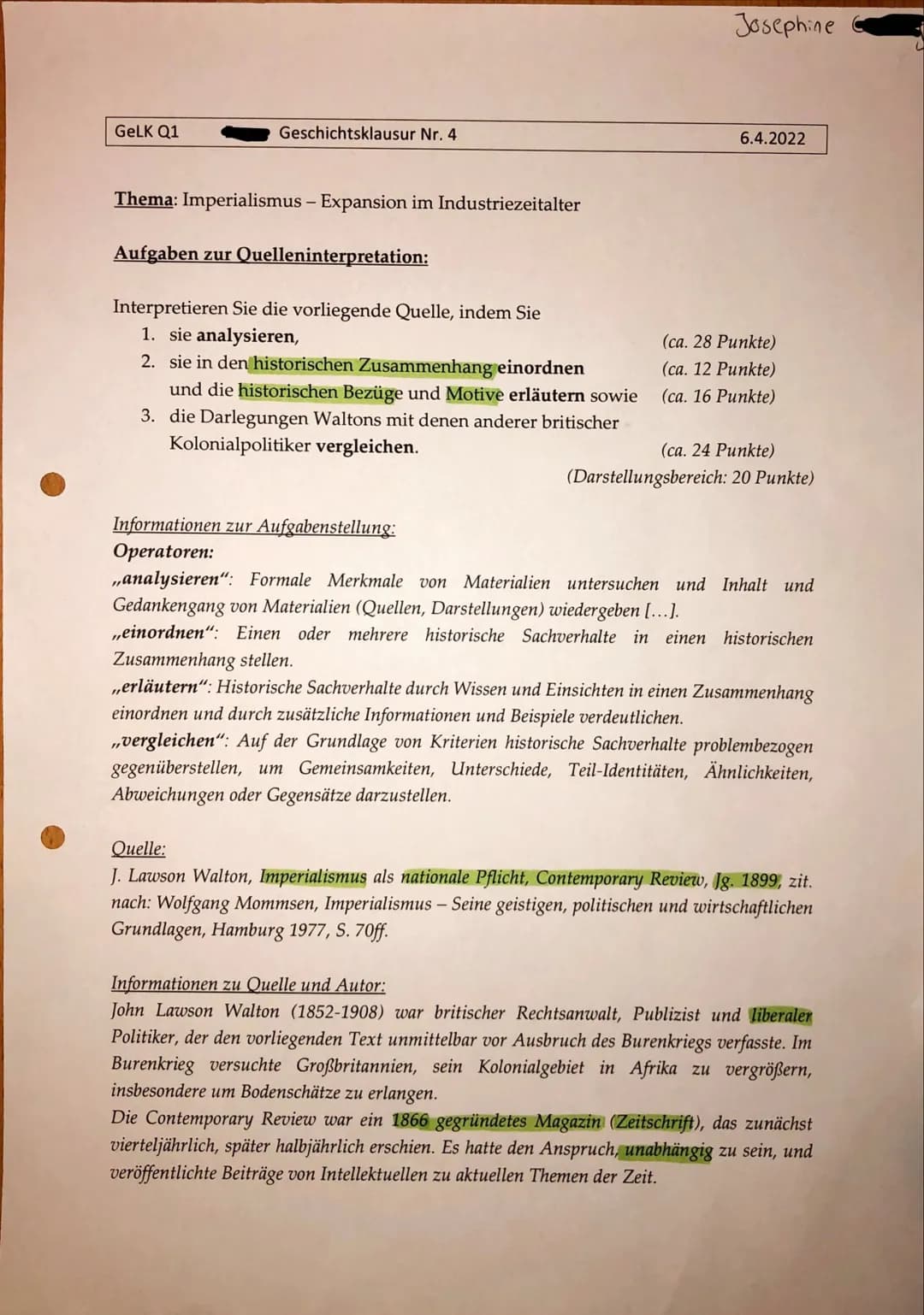 GeLK Q1
Geschichtsklausur Nr. 4
Thema: Imperialismus - Expansion im Industriezeitalter
Aufgaben zur Quelleninterpretation:
Interpretieren Si