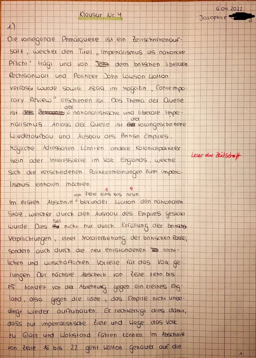 GeLK Q1
Geschichtsklausur Nr. 4
Thema: Imperialismus - Expansion im Industriezeitalter
Aufgaben zur Quelleninterpretation:
Interpretieren Si