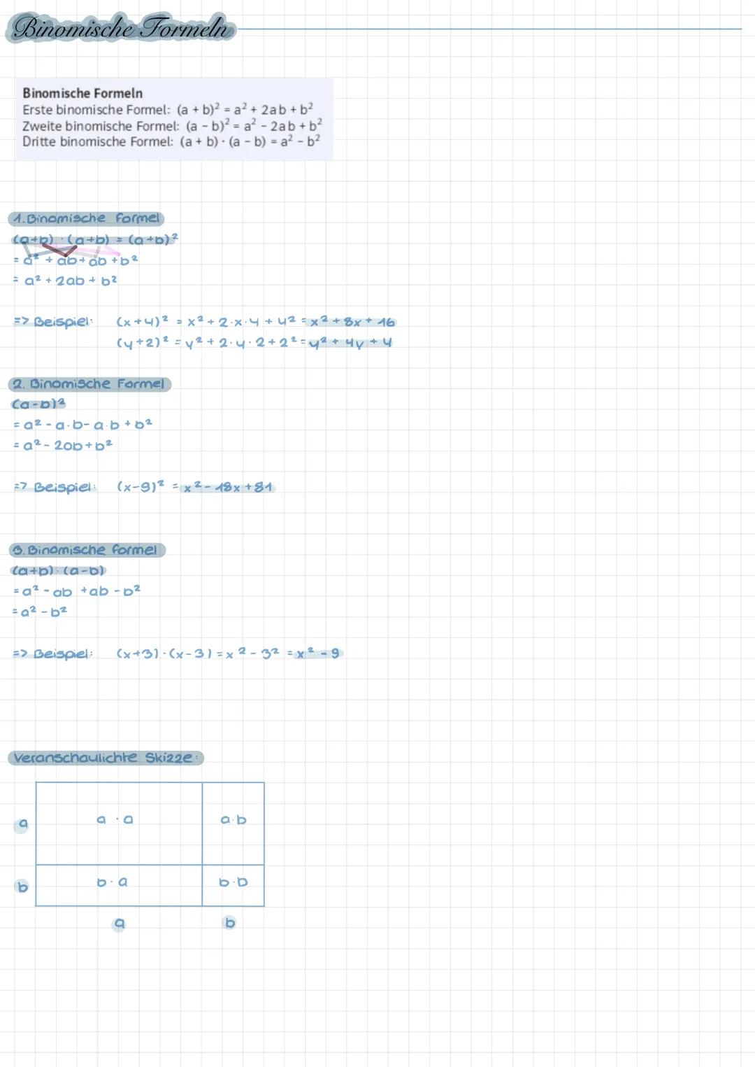 Binomische Formeln
Binomische Formeln
Erste binomische Formel: (a + b)2 = a2 + 2ab + b²
Zweite binomische Formel: (a - b)² = a² - 2ab + b²
D