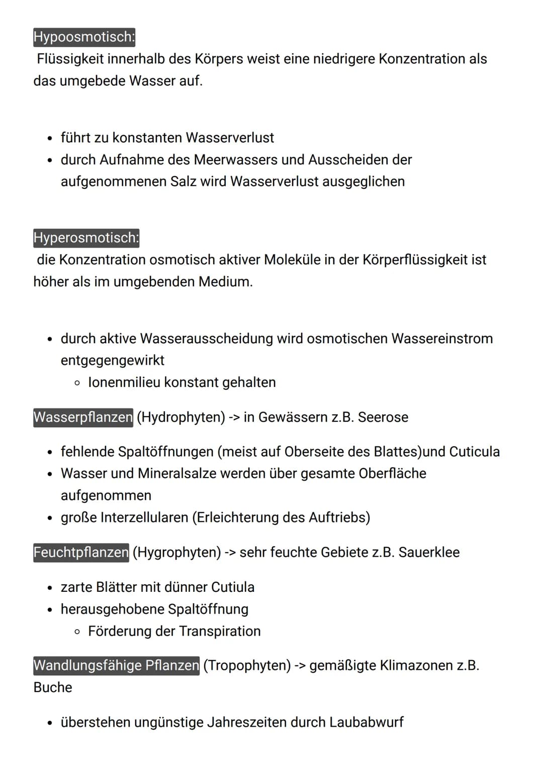 Hypoosmotisch:
Flüssigkeit innerhalb des Körpers weist eine niedrigere Konzentration als
das umgebede Wasser auf.
• führt zu konstanten Wass