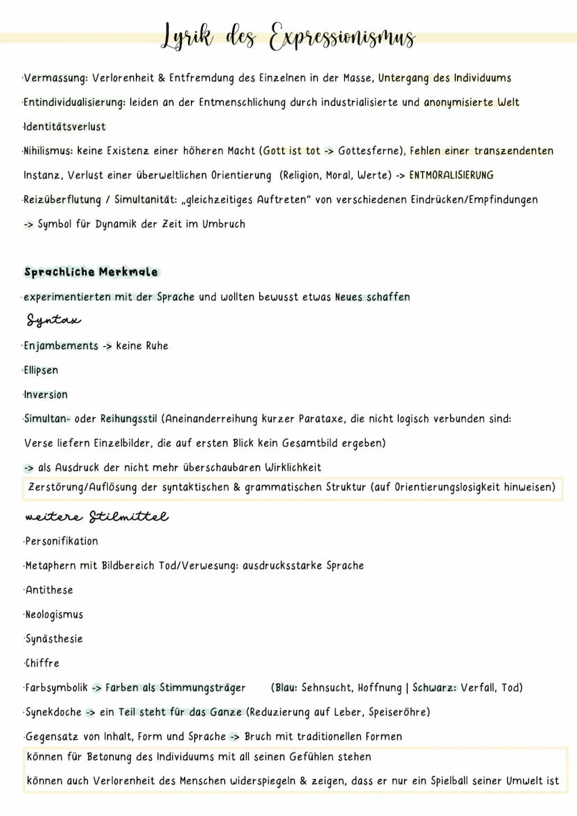 Lyrik des Expressionismus
geschichtlicher Hintergrund
1914-1918: Erster Weltkrieg -> Niederlage Deutschlands
wirtschaftliche Unsicherheit (I
