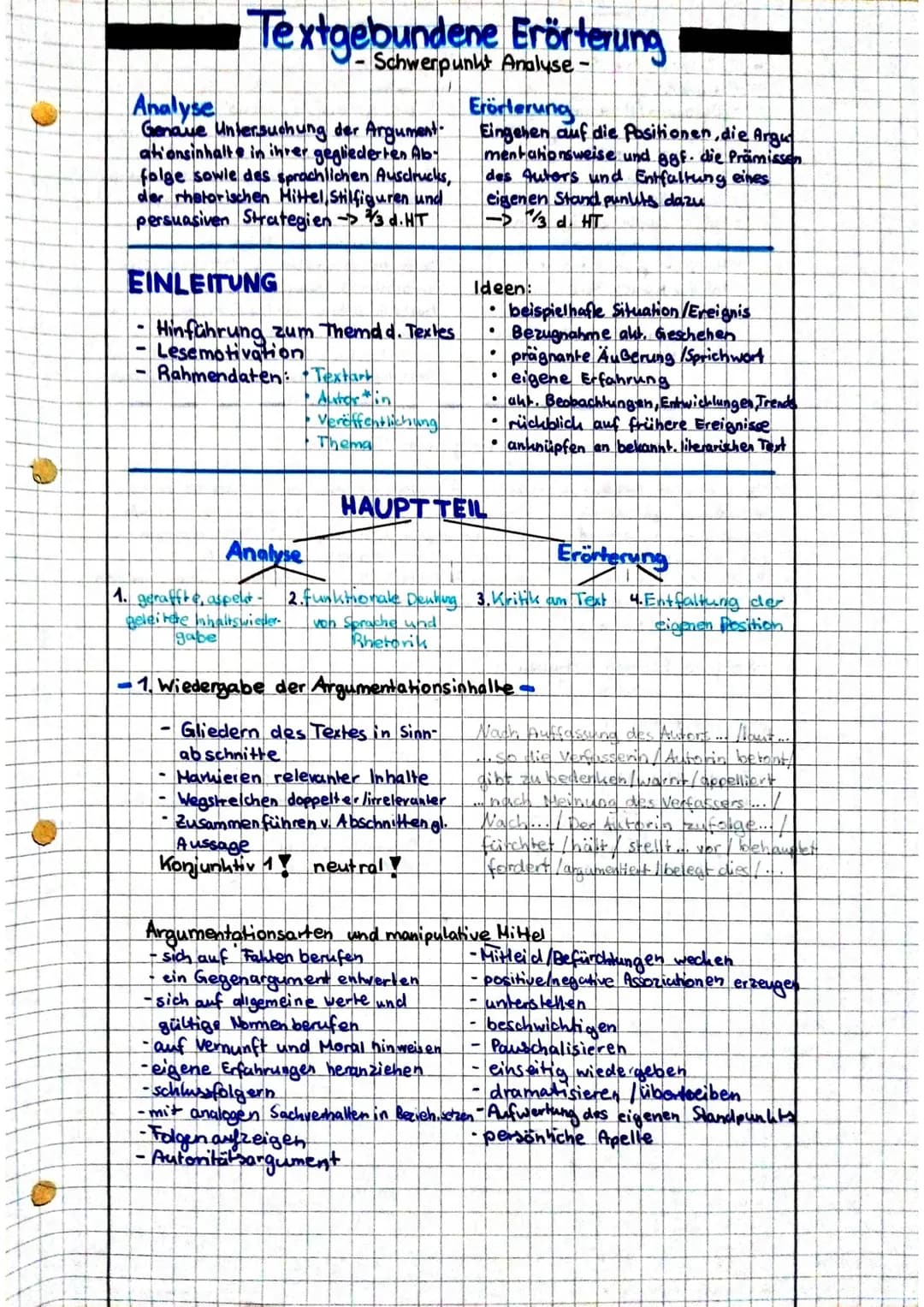 Analyse
Genaue Untersuchung der Argument.
ationsinhalte in ihrer gegliederten Ab-
folge sowie des sprachlichen Ausdrucks,
der rhetorischen M