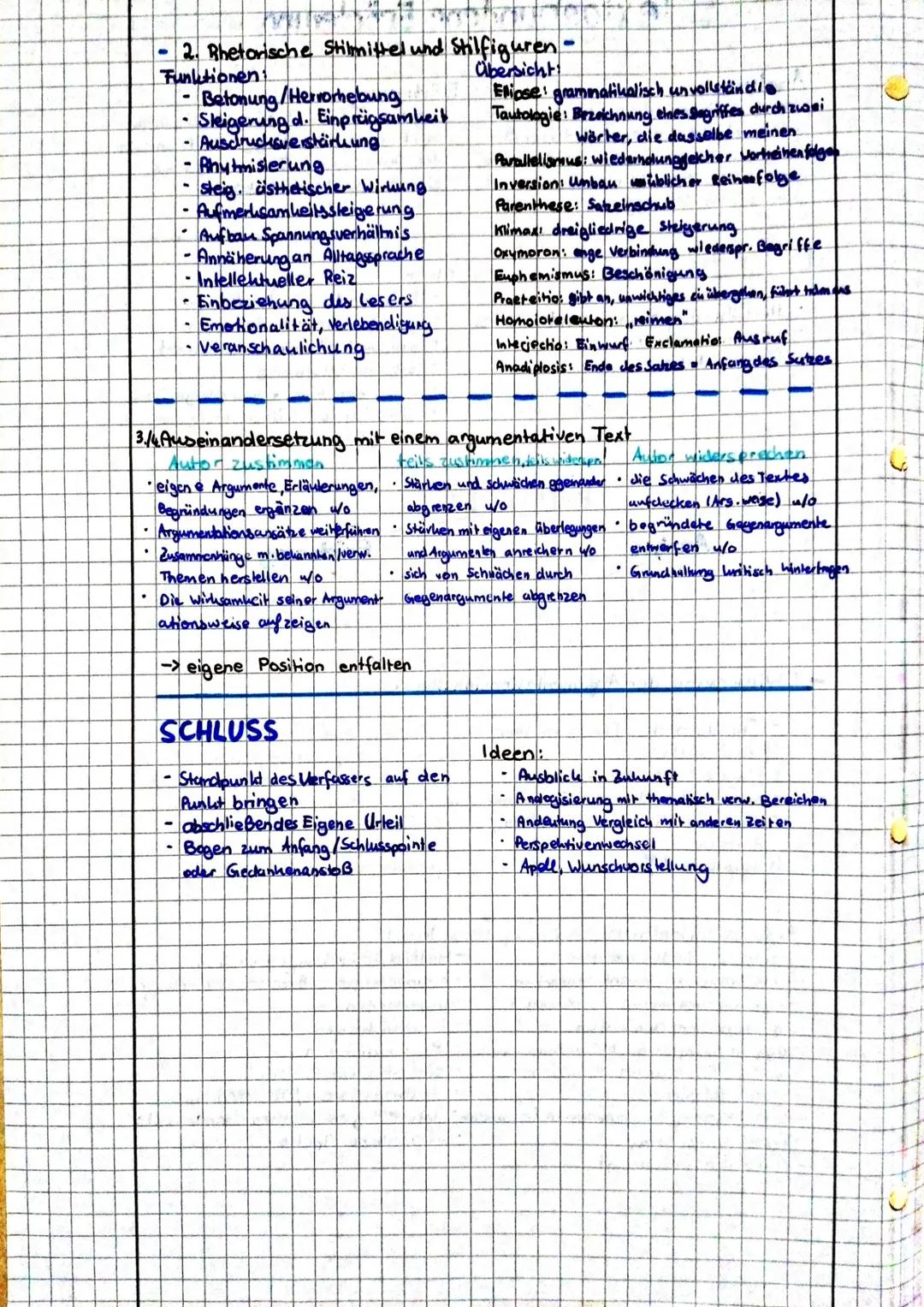 Analyse
Genaue Untersuchung der Argument.
ationsinhalte in ihrer gegliederten Ab-
folge sowie des sprachlichen Ausdrucks,
der rhetorischen M