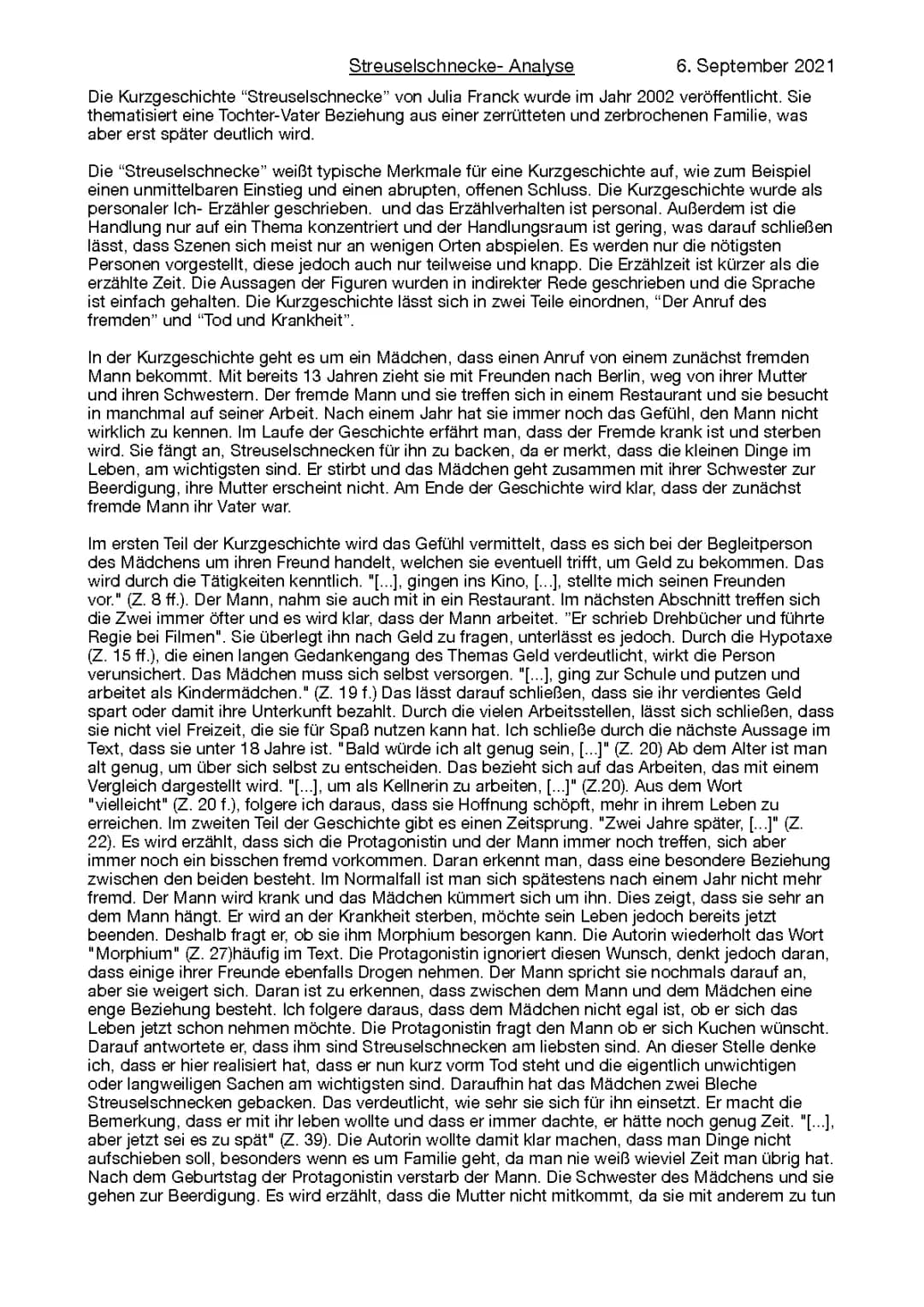 Analyse der Kurzgeschichte "Die Streuselschnecke"
