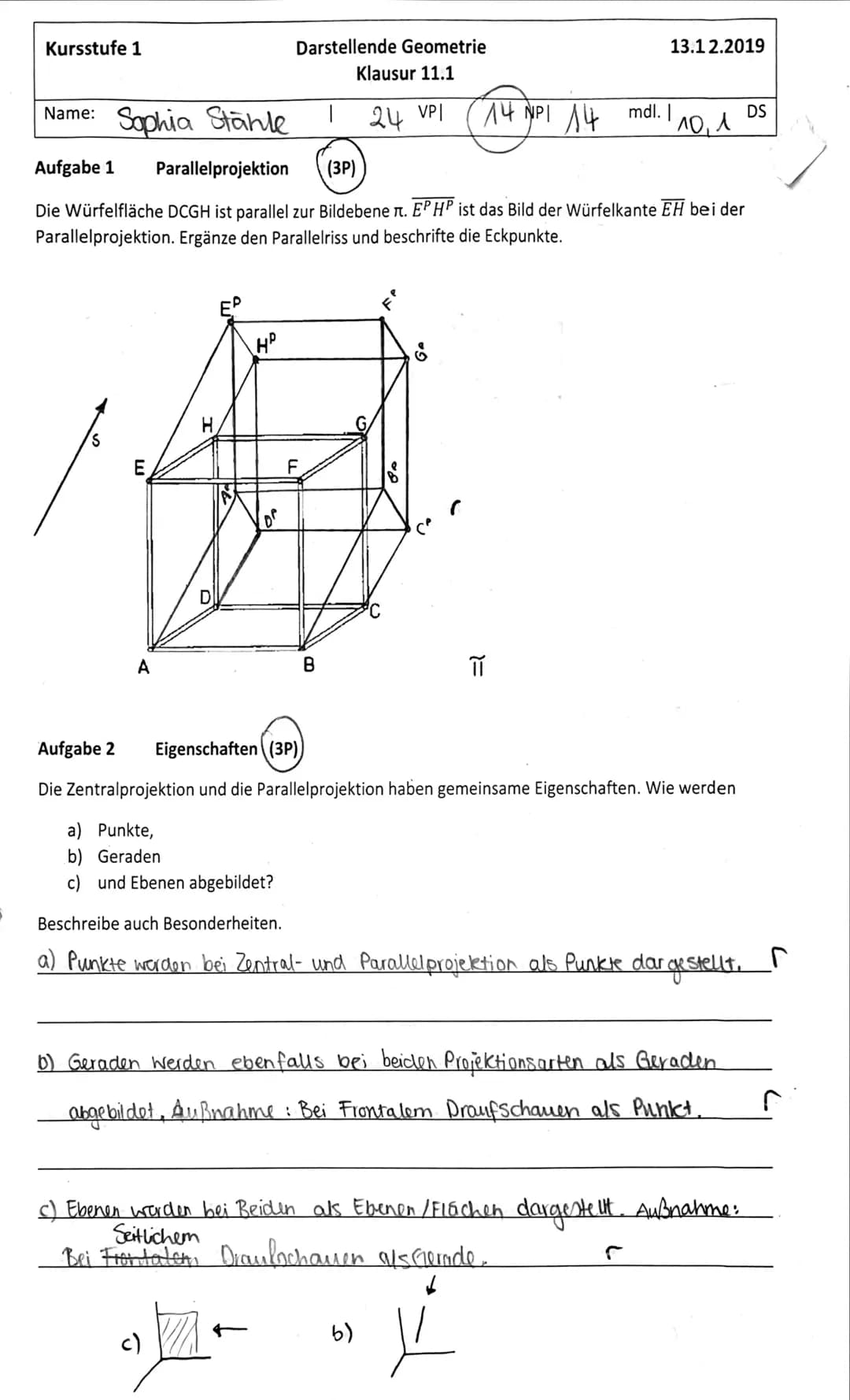 Kursstufe 1
Name:
A
D
Sophia Stanle
Aufgabe 1 Parallelprojektion (3P)
Die Würfelfläche DCGH ist parallel zur Bildebene T. EP HP ist das Bild