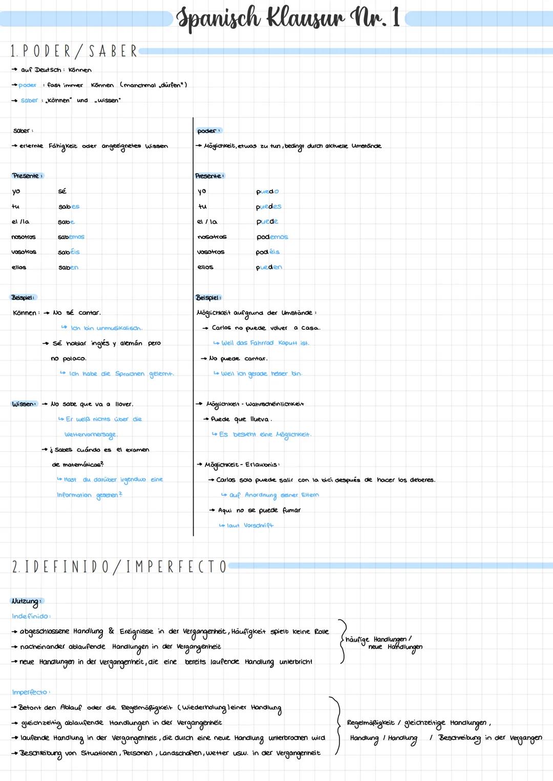 1. PODER/SABER
auf Deutsch können.
poder fast immer Können (manchmal dürfen")
saber:
Saber können und wissen
→ erlernte Fähigkeit oder angee
