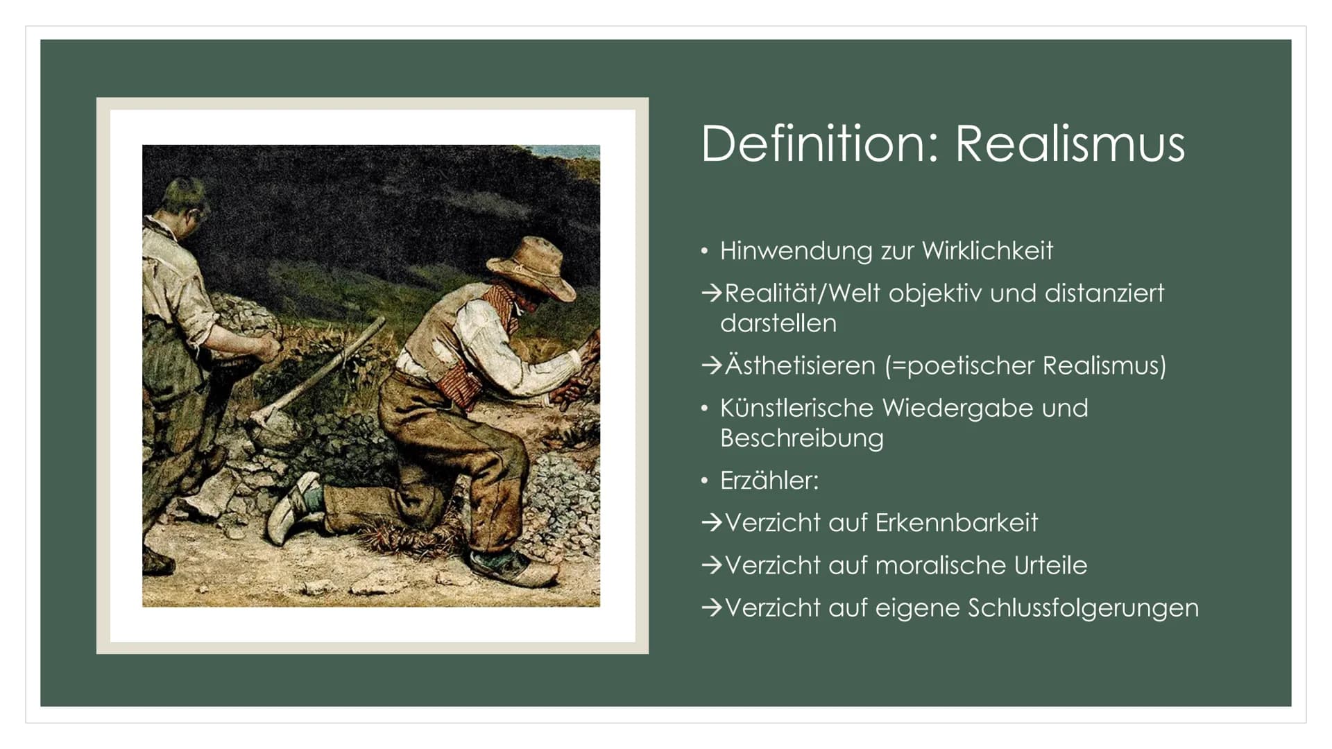 POETISCHER
REALISMUS/NATURALISMUS Gliederung
Definitionen
→Gemeinsamkeiten und Unterschiede
→Epochenmerkmale
●
→Merkmale
Historischer Kontex