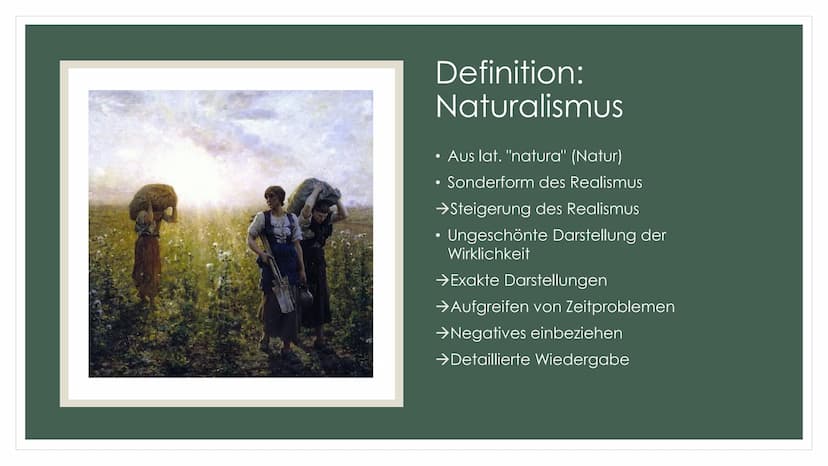 POETISCHER
REALISMUS/NATURALISMUS Gliederung
Definitionen
→Gemeinsamkeiten und Unterschiede
→Epochenmerkmale
●
→Merkmale
Historischer Kontex