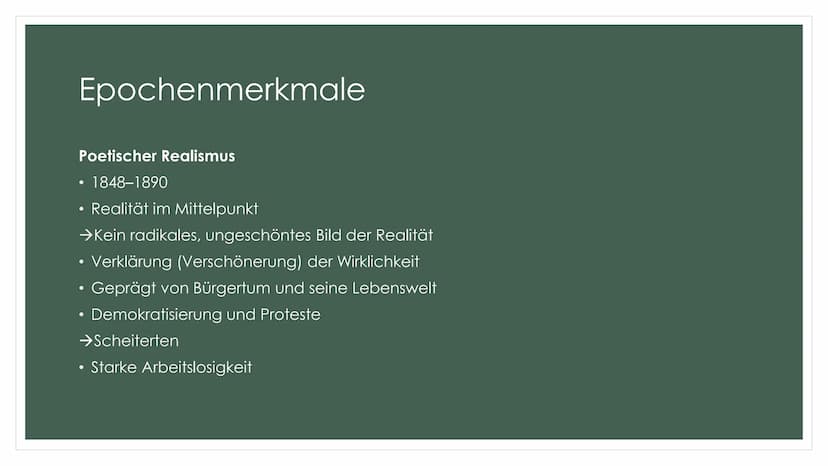 POETISCHER
REALISMUS/NATURALISMUS Gliederung
Definitionen
→Gemeinsamkeiten und Unterschiede
→Epochenmerkmale
●
→Merkmale
Historischer Kontex
