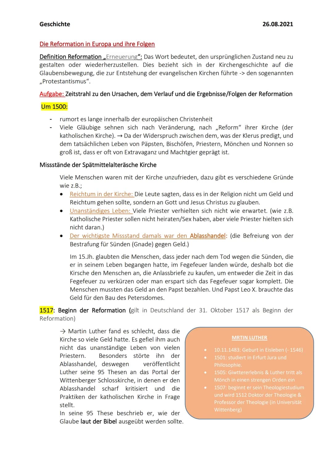 Geschichte
Die Reformation in Europa und ihre Folgen
Definition Reformation ,,Erneuerung": Das Wort bedeutet, den ursprünglichen Zustand neu