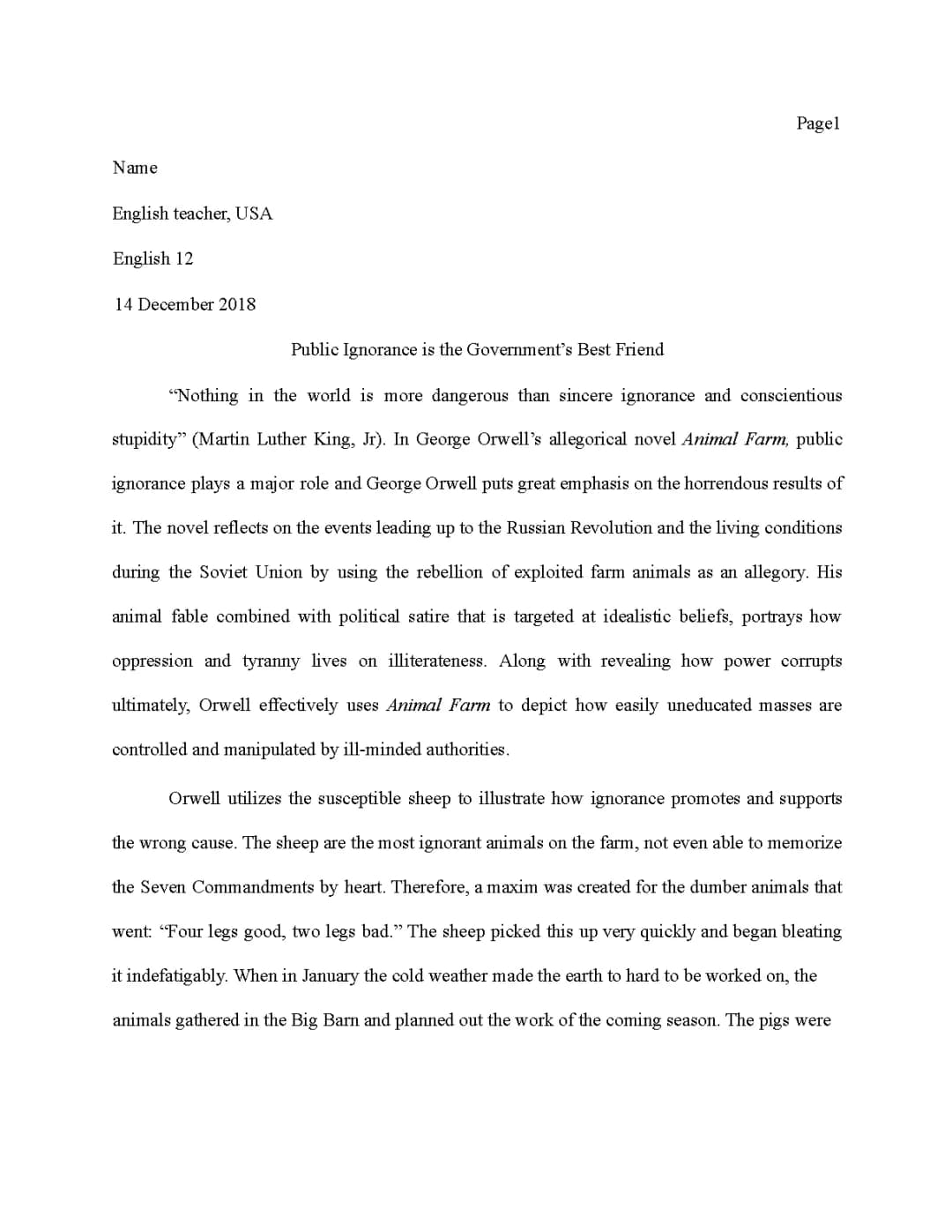 The Role of Ignorance and Manipulation in George Orwell's Animal Farm