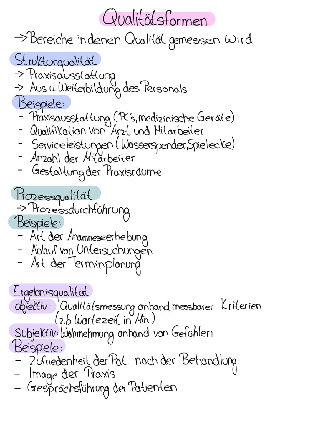 Qualitätsformen
→Bereiche in denen Qualität gemessen wird
Strukturqualität
→→ Praxisausslattung
→ Aus u. Weiterbildung des Personals
Beispie