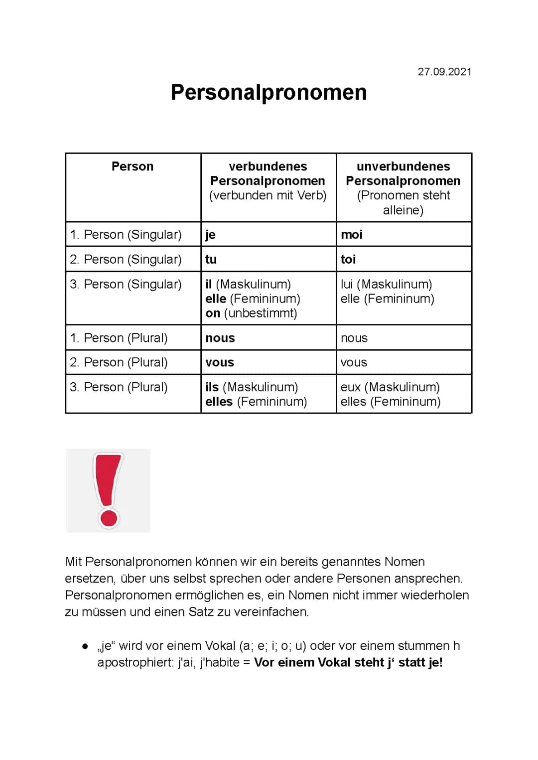 Personalpronomen Französisch 
