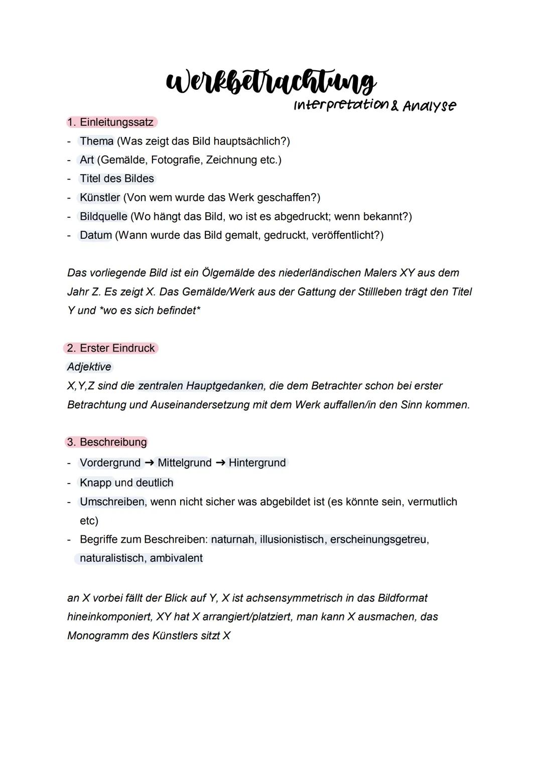 # Werkbetrachtung
Interpretation & Analyse

1. Einleitungssatz

- Thema (Was zeigt das Bild hauptsächlich?)
- Art (Gemälde, Fotografie, Zeic
