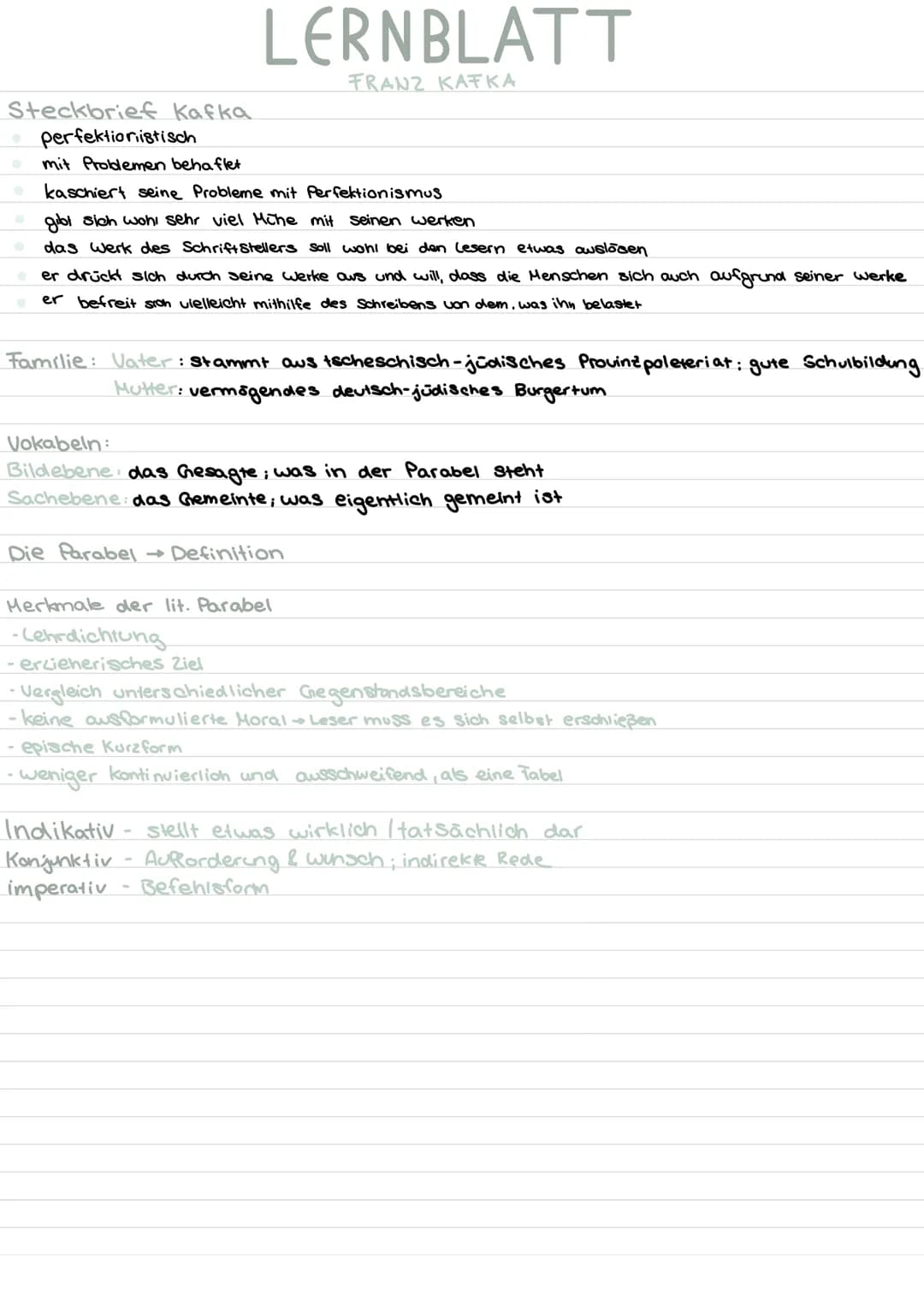 LERNBLATT
FRANZ KAFKA
Steckbrief Kafka
• perfektionistisch
mit Problemen beha flet
kaschiert seine Probleme mit Perfektionismus
gibt sich wo