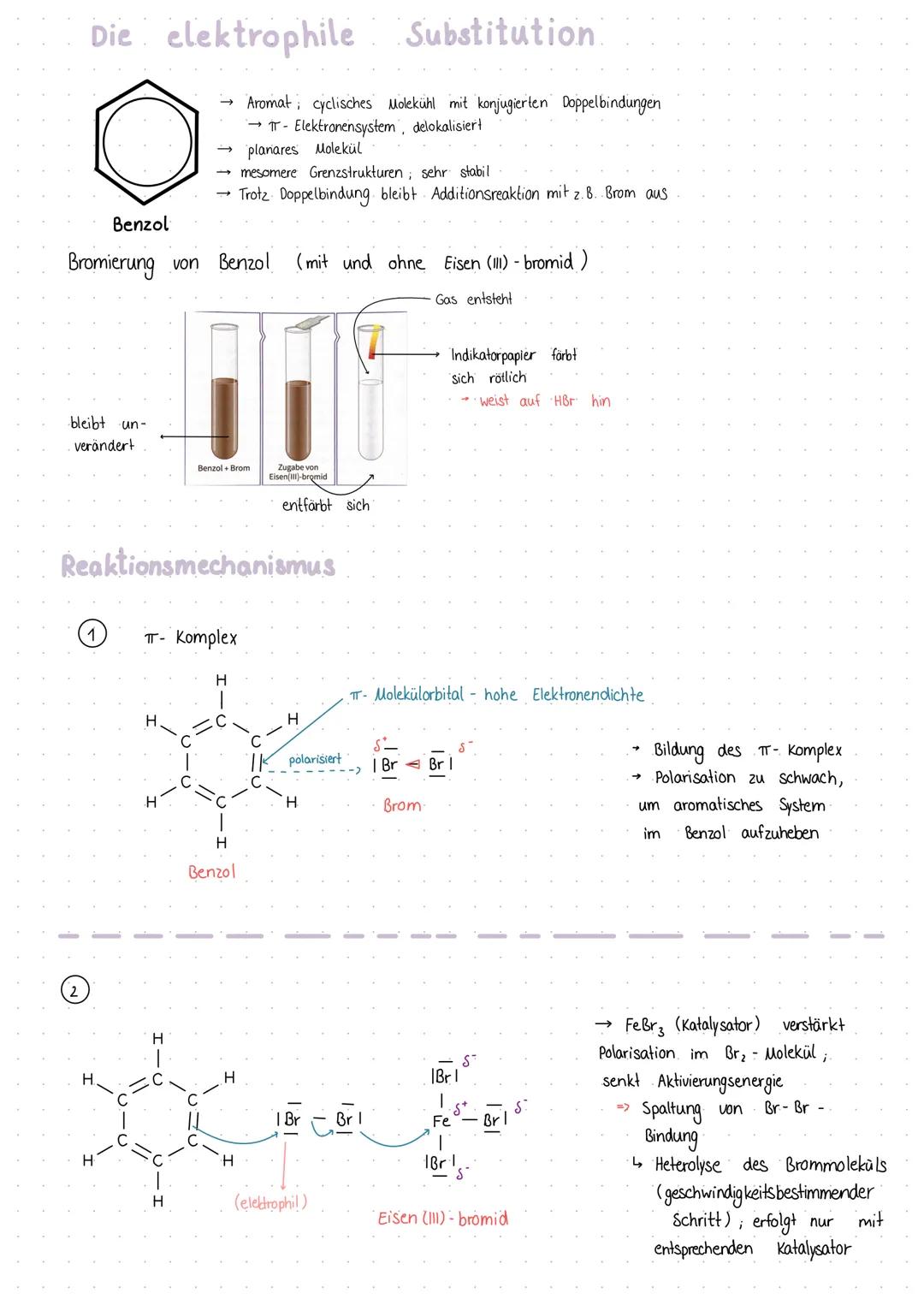 Die
bleibt un-
verändert
elektrophile Substitution
Benzol
Bromierung von Benzol (mit und ohne Eisen (111)-bromid )
Gas entsteht
→ Aromat; cy