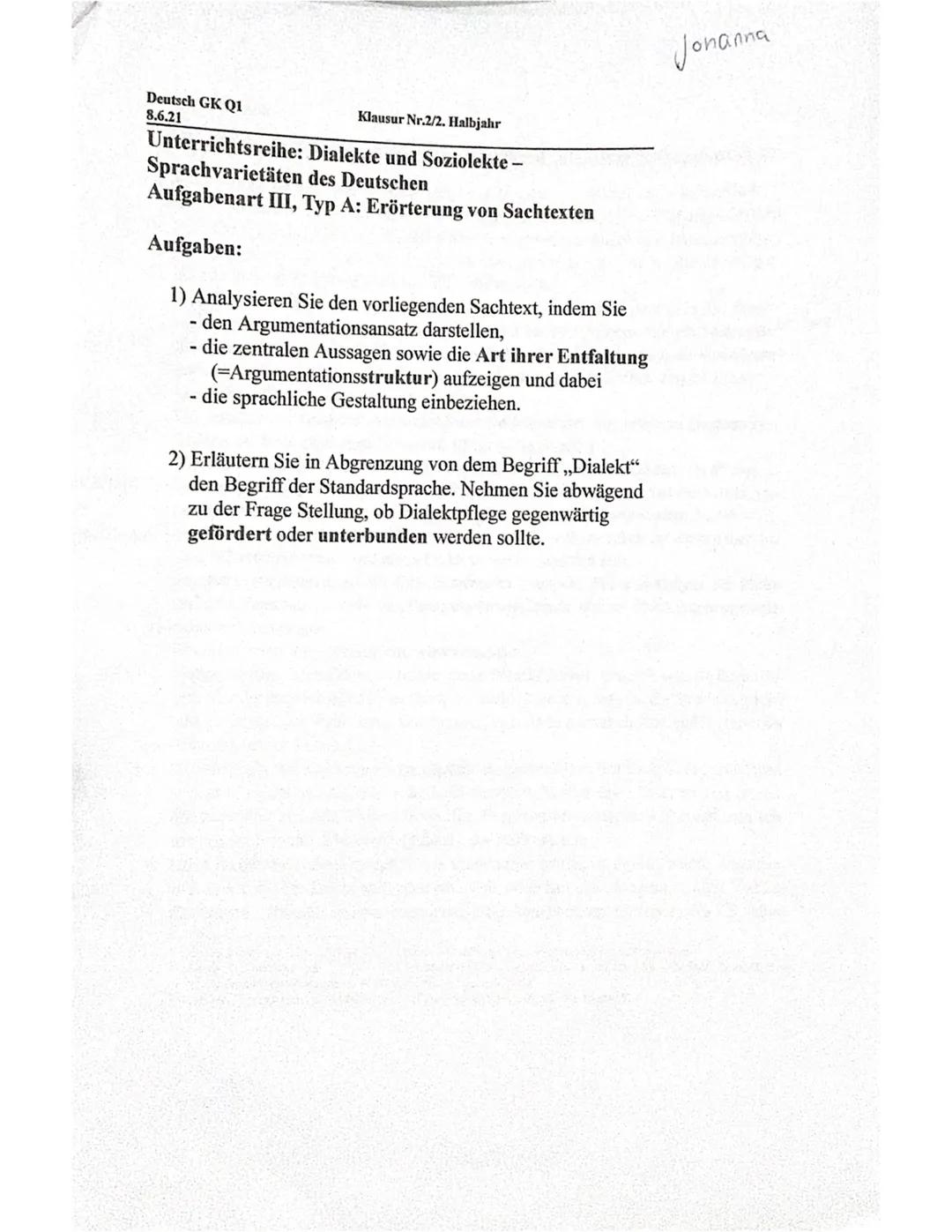 Erwartungshorizont für
a)
1
2
Darstellung
Note:
urt, Datum
Johanna
Der Schüler/die Schülerin
formuliert eine aufgabenbezogene Einleitung.
fo