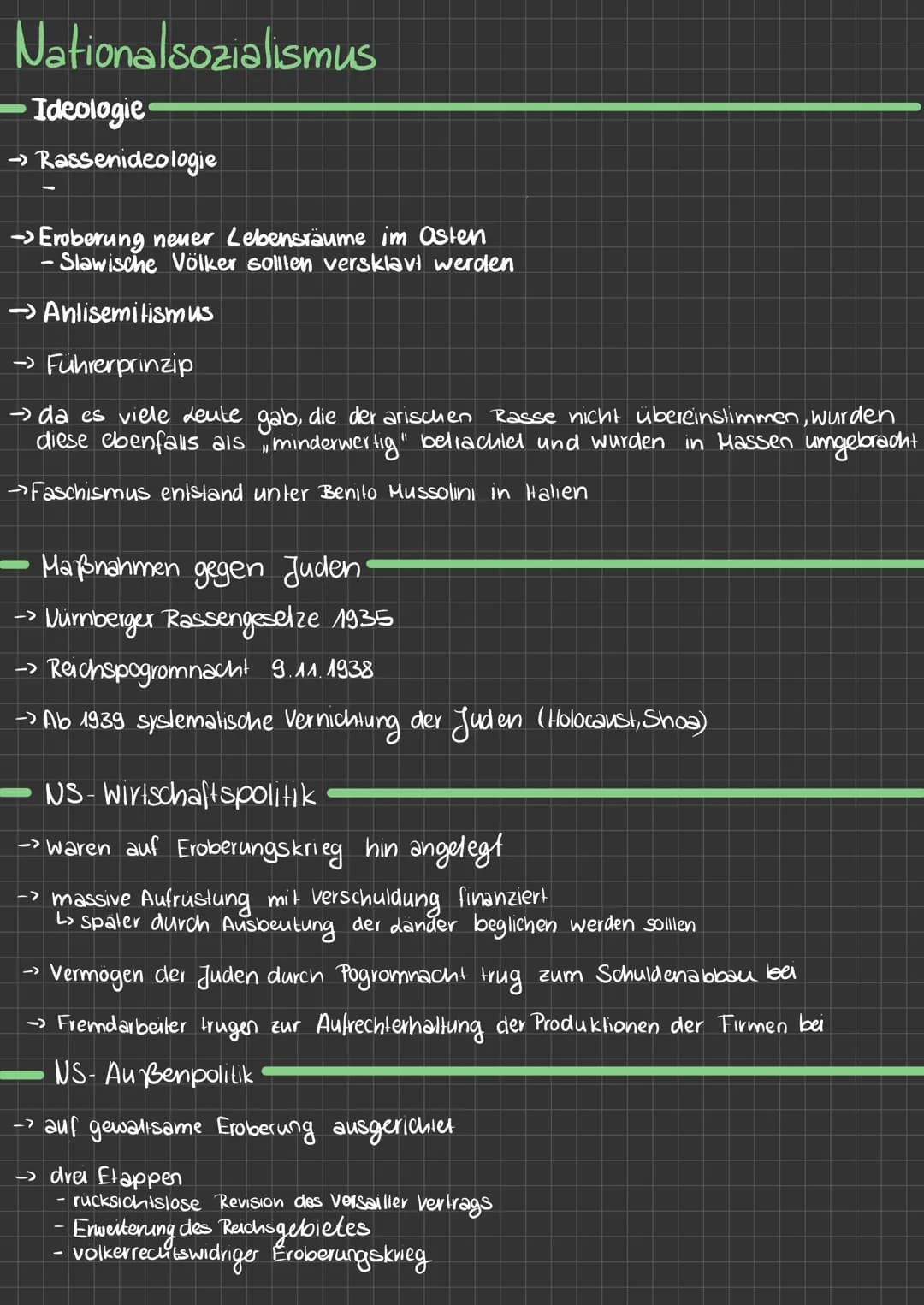 Nationalsozialismus
-Ideologie.
→ Rassenideologie
→> Eroberung neuer Lebensräume im Osten
- Slawische Völker sollten versklavt werden
-
→Ant