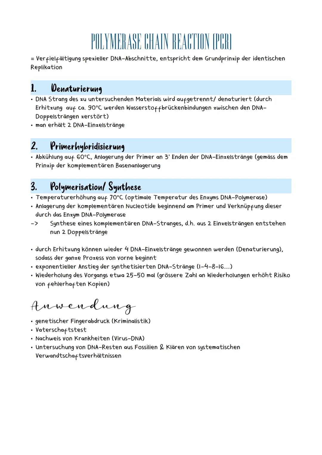 YMERASE
RASE CHAIN REACTION (PCR)
= Verfielfältigung spezieller DNA-Abschnitte, entspricht dem Grundprinzip der identischen
Replikation
1.
D