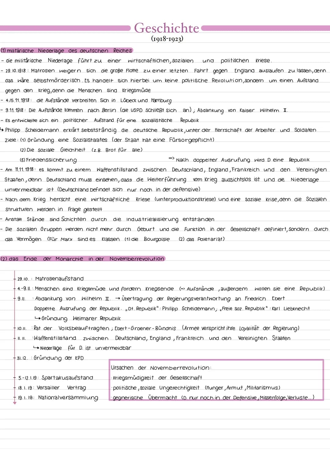 (1) militärische Niederlage des deutschen Reiches
- die militärische Niederlage führt zu einer wirtschaftlichen, sozialen. und politischen K
