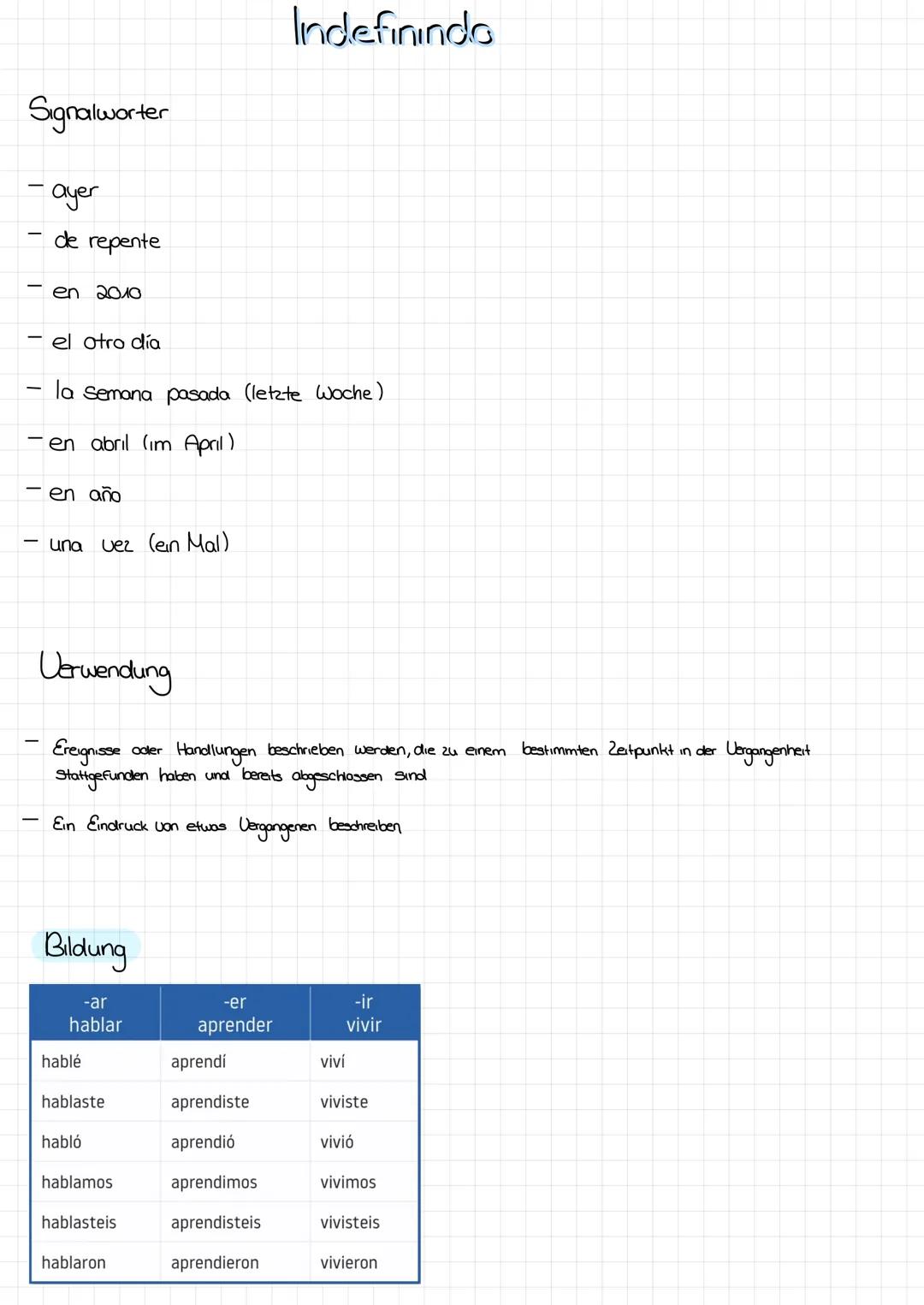 # Imperfecto

Signalworter

- Siempre (immer)
- todos los (días, Sábados) (jeden)
- Cuando era joven
- entonces (damals).
- normalmente (reg