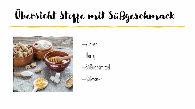 Stoffe mit Süßgeschmack
Judith Hofmann STOFFE MIT SUBGESCHMACK
Übersicht Stoffe mit Süßgeschmack
Es gibt verschiedene Arten von Stoffen mit 