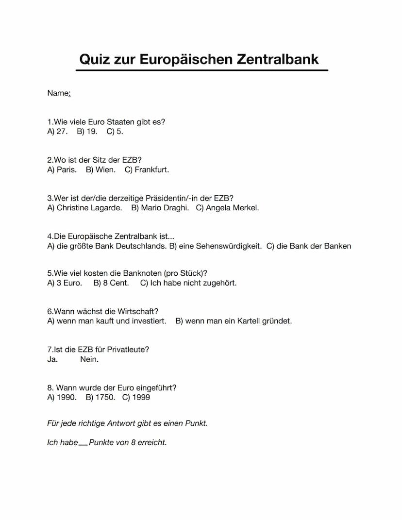 Wir halten heute eine Präsentation über die Europäische Zentralbank, genannt auch EZB, die die
Französin Christine Lagarde als Präsidentin h