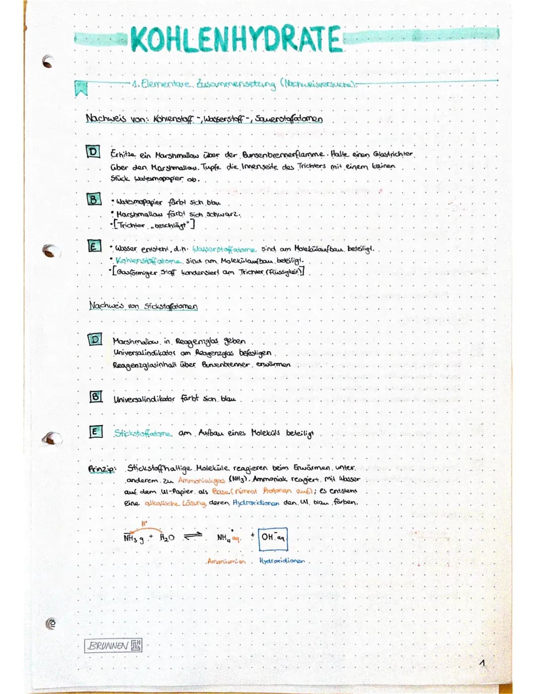 W
B
Nachweis von: Kohlenstoff-, Wasserstoff-, Sauerstoffatomen
D
KOHLENHYDRATE
B
1. Elementare. Zusammensetzung (Nachweisversuche
Erhitze ei