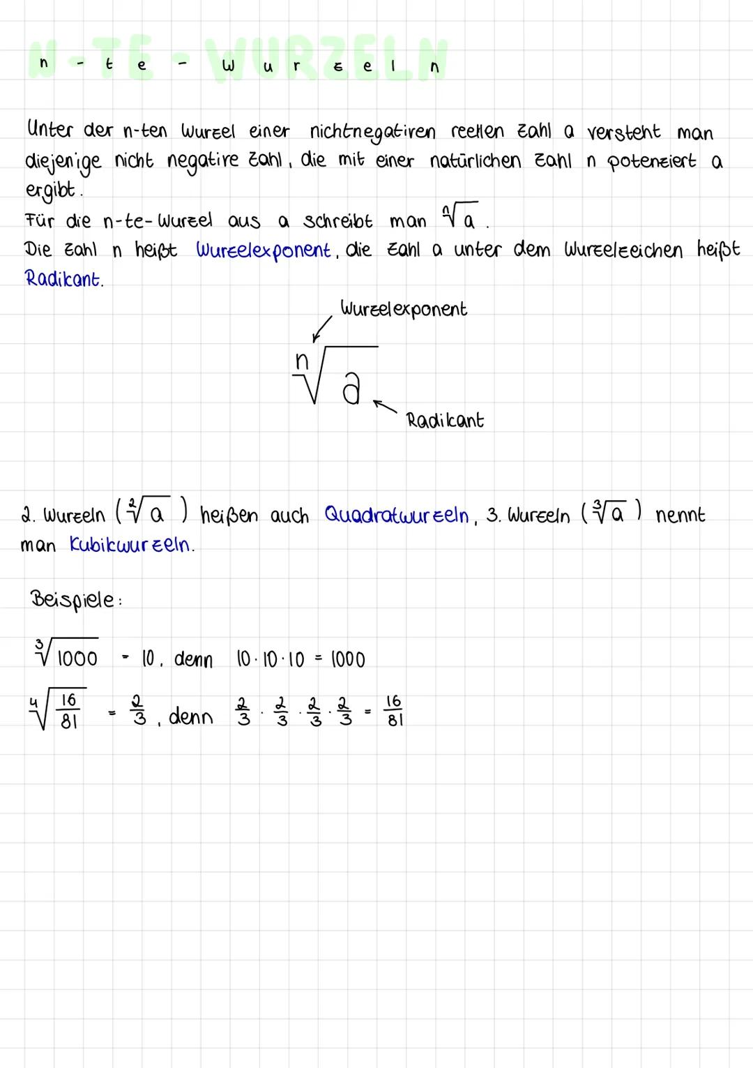 # n - t - e - W u r z e l n

Unter der n-ten Wurzel einer nichtnegativen reellen zahl a versteht man
diejenige nicht negatire zahl, die mit 