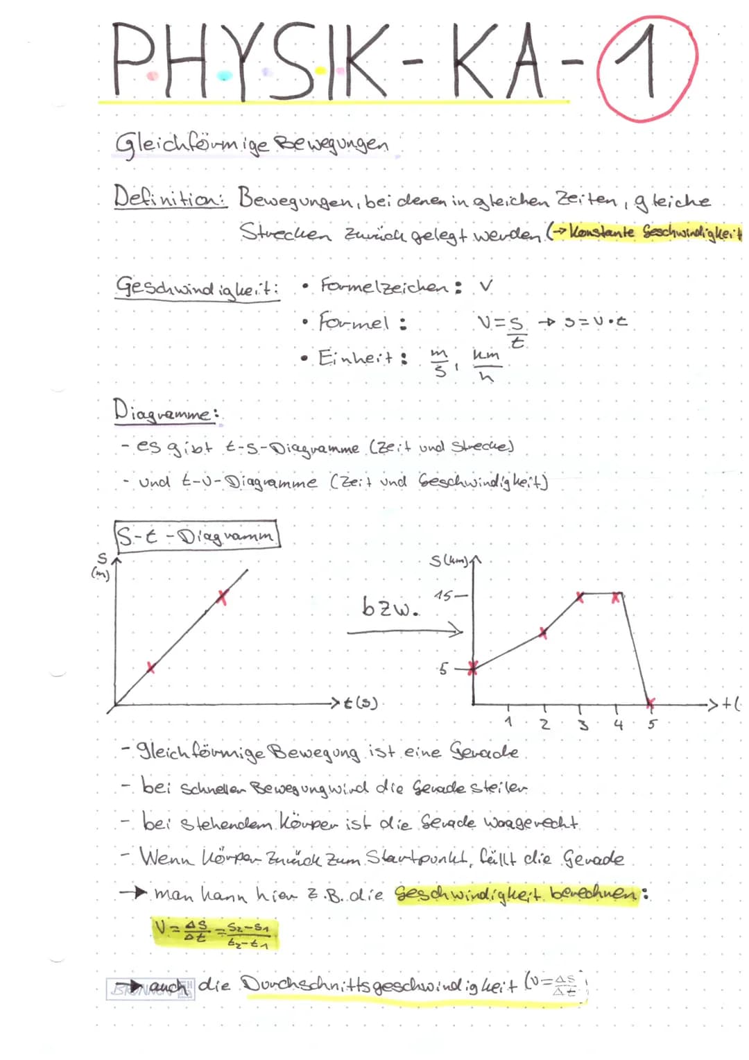 PHYSIK-KA-1
S
Gleichförmige Bewegungen
Definition: Bewegungen, bei denen in gleichen Zeiten, gleiche
Strecken Zurich gelegt werden (> Konsta