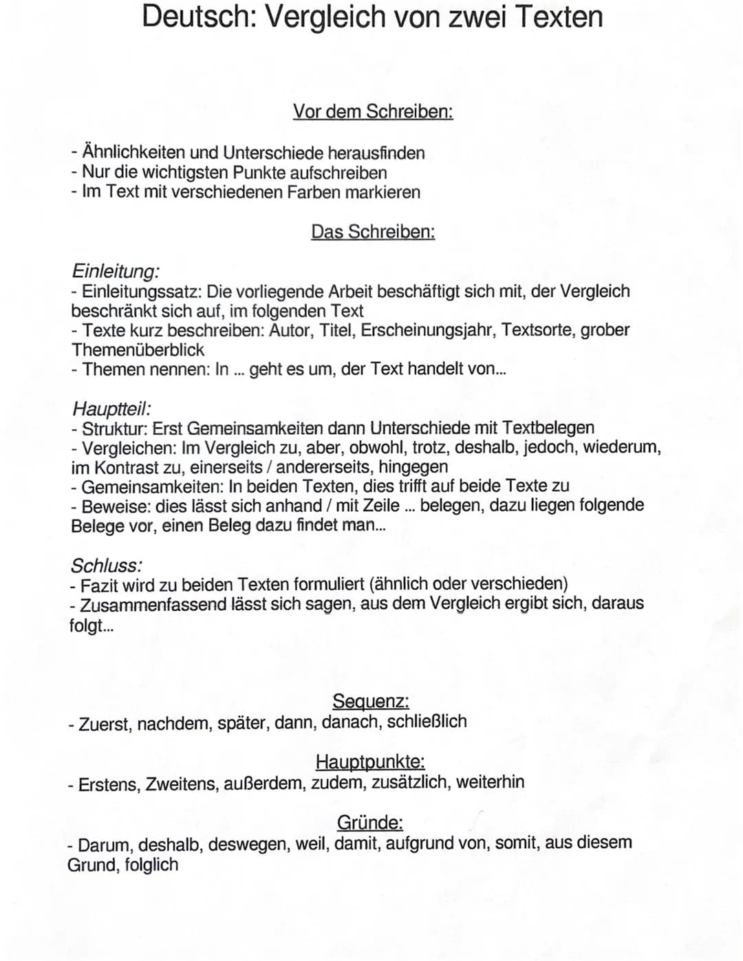 Deutsch: Vergleich von zwei Texten
Vor dem Schreiben:
- Ähnlichkeiten und Unterschiede herausfinden
Nur die wichtigsten Punkte aufschreiben

