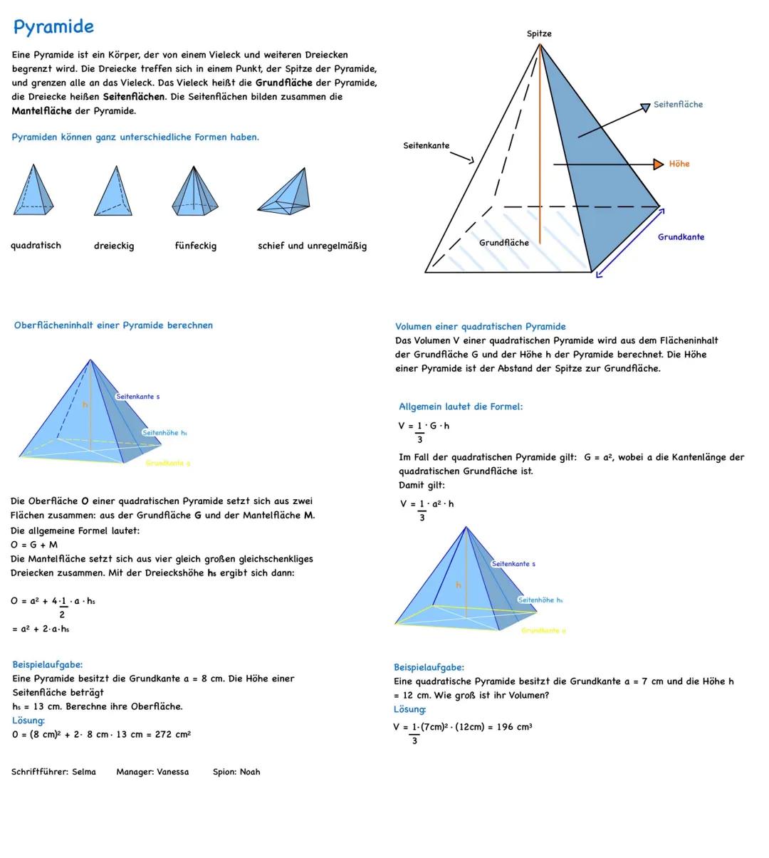 # Pyramide

Eine Pyramide ist ein Körper, der von einem Vieleck und weiteren Dreiecken
begrenzt wird. Die Dreiecke treffen sich in einem Pun