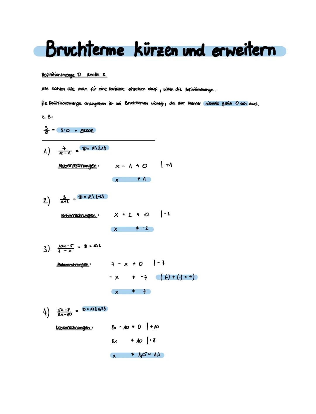 Bruchterme kürzen und erweitern
Definitionsmenge D Reelle R
Alle Zahlen die man für eine Kariable einsetzen darf bilden die Definitions meng