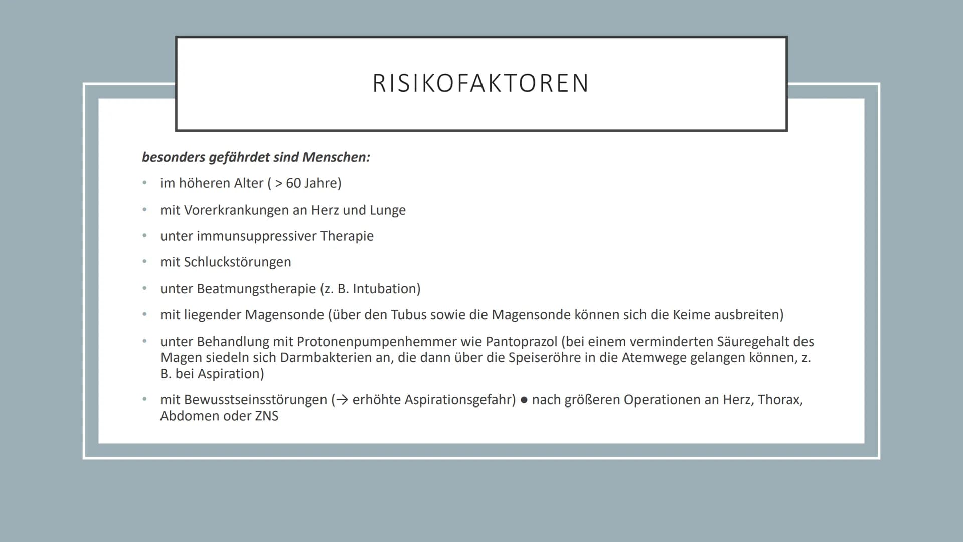 PNEUMONIE
Quelle: I care Krankheitslehre © 2019 Georg Thieme Verlag KG AGENDA
1. Definition
2. Pathophysiologie
3. Risikofaktoren
4. Symptom