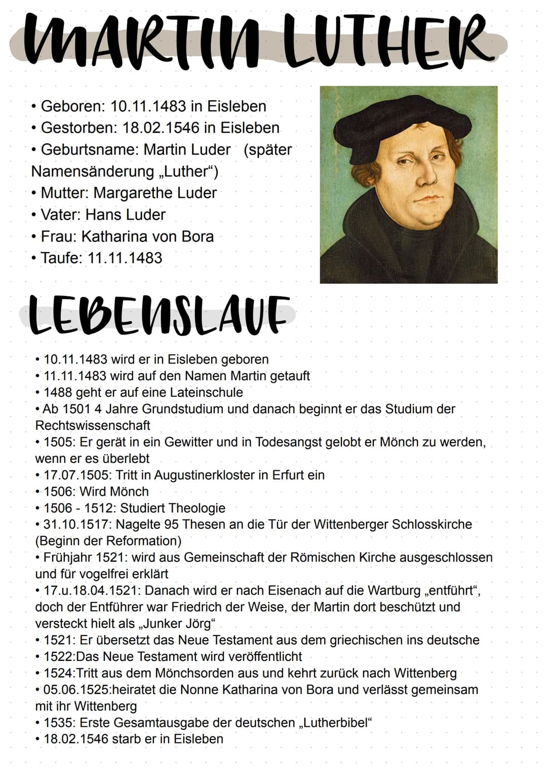 MARTIN LUTHER
• Geboren: 10.11.1483 in Eisleben
Gestorben: 18.02.1546 in Eisleben
Geburtsname: Martin Luder (später
Namensänderung „Luther“)