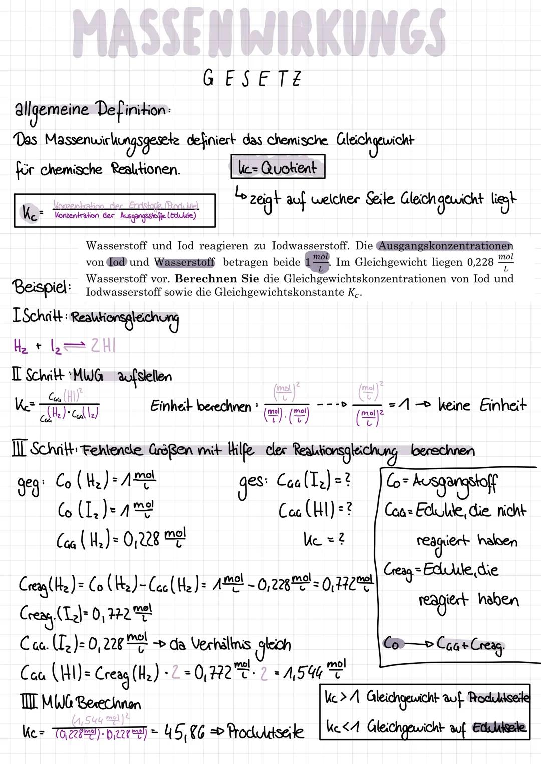 MASSEN WIRKUNGS
allgemeine Definition:
Das Massenwirkungsgesetz definiert das chemische Gleichgewicht
für chemische Reaktionen.
Konzentratio