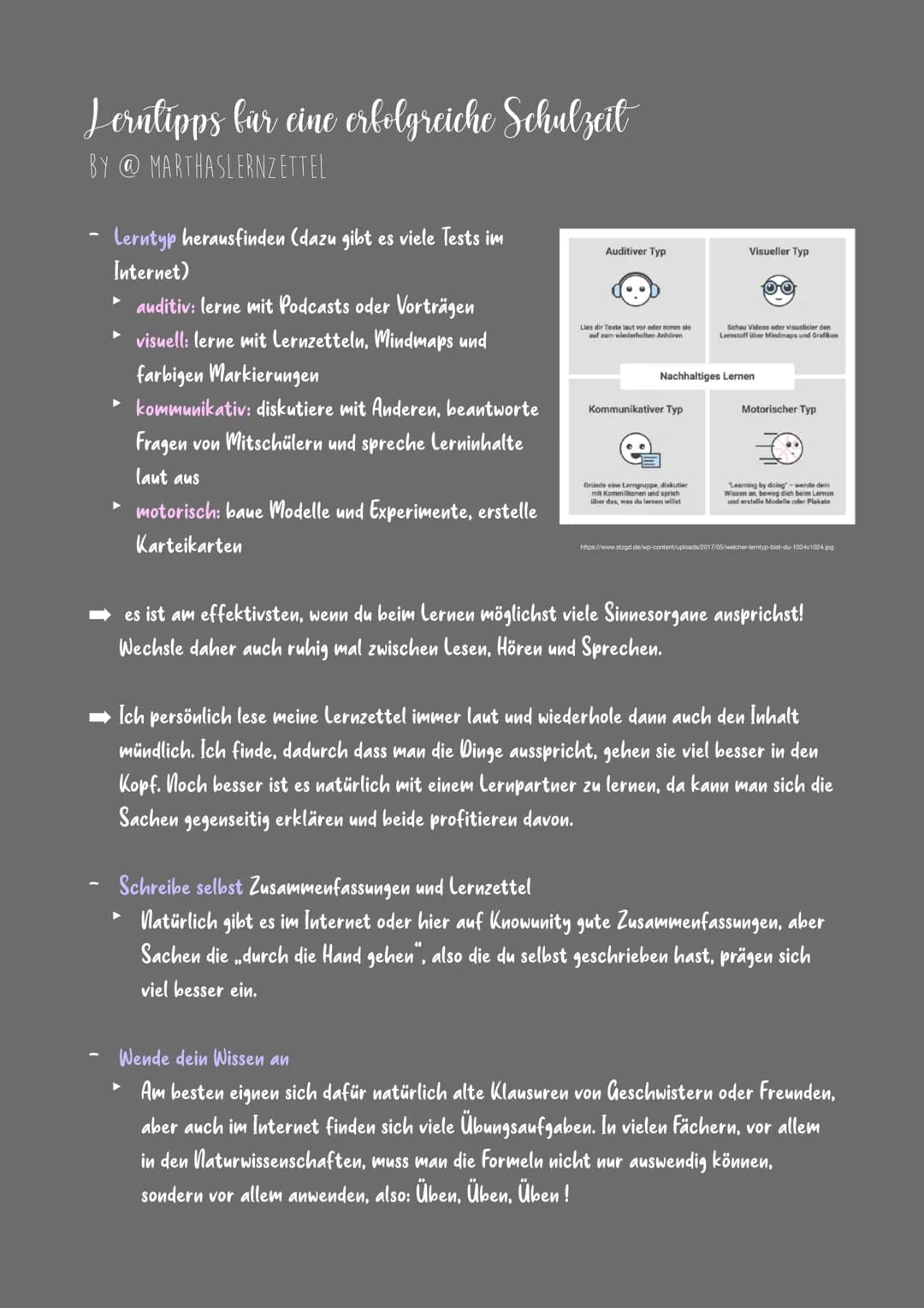 Lerntipps für eine erfolgreiche Schulzeit
BY @MARTHASLERNZETTEL
- Lerntyp herausfinden (dazu gibt es viele Tests im
Internet)
► auditiv: ler