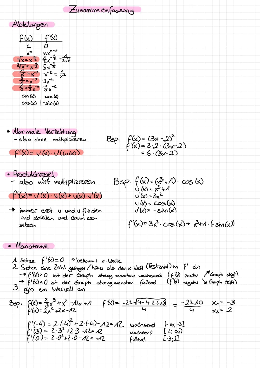 • Ableitungsregeln
-Potenzregel Für eine Funktion f mit f(x) = x² ₁VER / (0) gilt
f'(x)=√₁x²-₁
-Faktorregel: Für eine Funktion mit f(x)= c.g