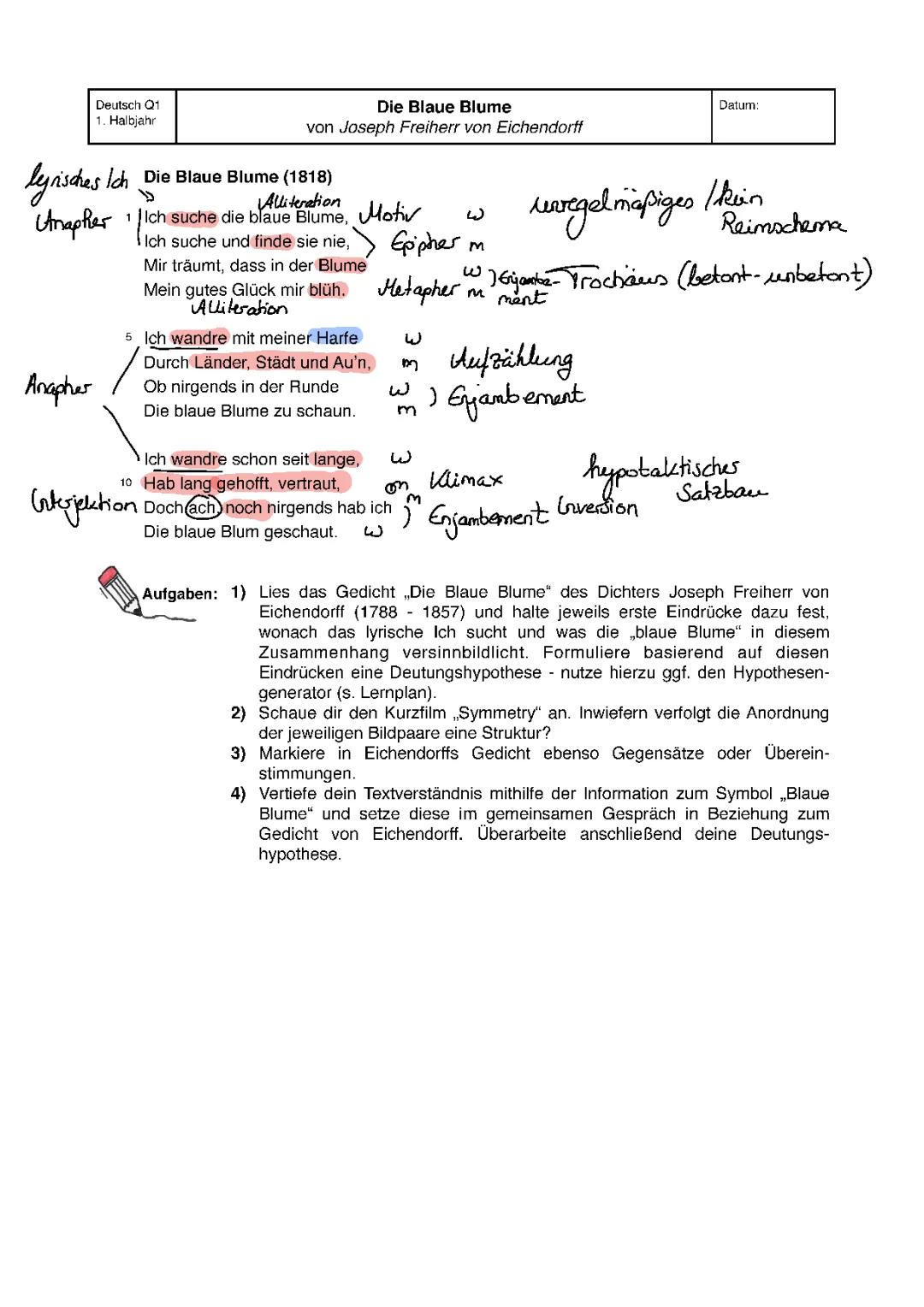 Die blaue Blume von Eichendorff - Metrum, Kadenz und Reimschema