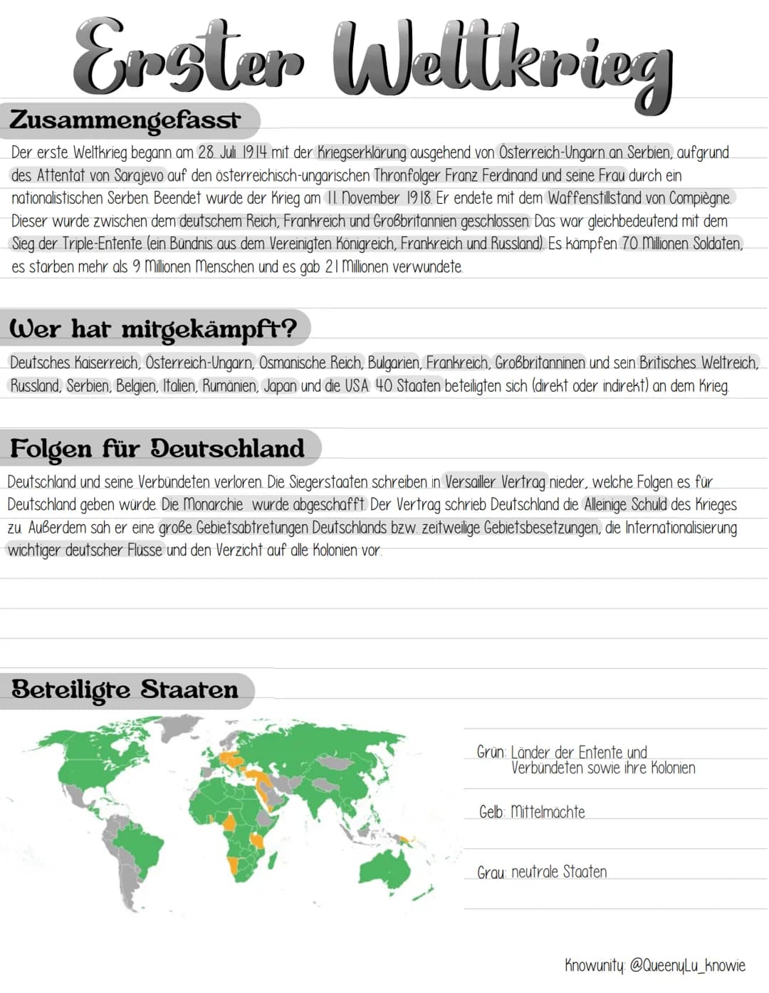 Erster Weltkrieg
Zusammengefasst
Der erste Weltkrieg begann am 28 Juli 1914 mit der Kriegserklärung ausgehend von Österreich-Ungarn an Serbi