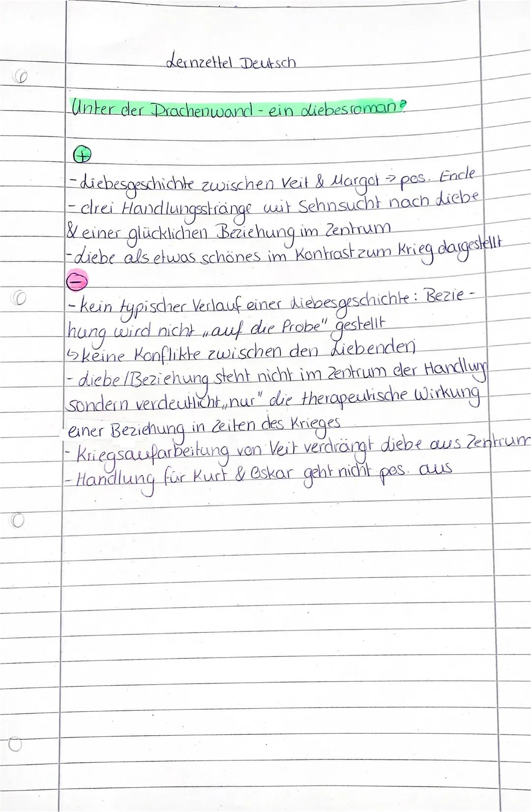 Lernzettel Deutsch
Unter der Drachenwand- ein Liebesroman?
A
Ende
-diebesgeschichte zwischen Veit & Margot > pos.
- drei Handlungsstränge wi