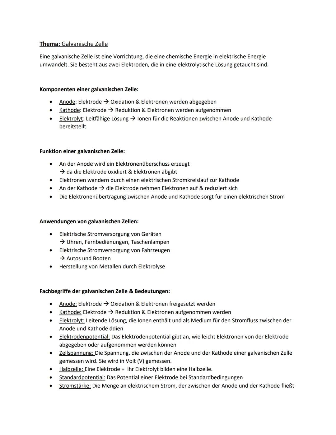 Thema: Galvanische Zelle
Eine galvanische Zelle ist eine Vorrichtung, die eine chemische Energie in elektrische Energie
umwandelt. Sie beste