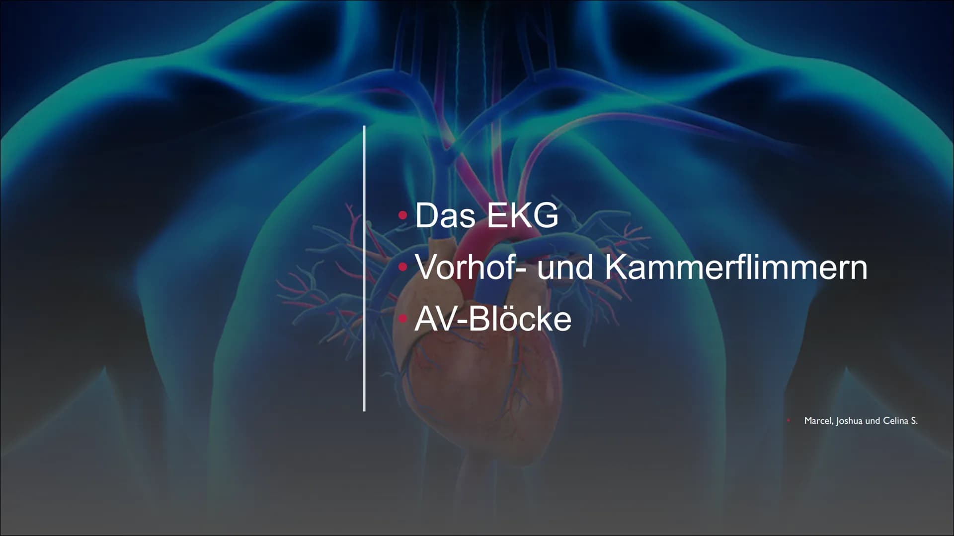 Das EKG
Vorhof- und Kammerflimmern
AV-Blöcke
Marcel, Joshua und Celina S. EKG (ELEKTROKARDIOGRAMM) -
HERZSTRÖME MESSEN
●
Das Herz ist ein Mu