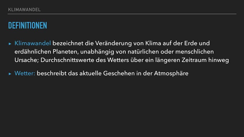 KLIMAWANDEL
WISSAM AZDOUD 08.04.2021GK 13/2 INHALTSVERZEICHNIS
▸ Definitionen, Allgemeines
▸ Merkmale des Klimawandels
► Natürliche Klimaver