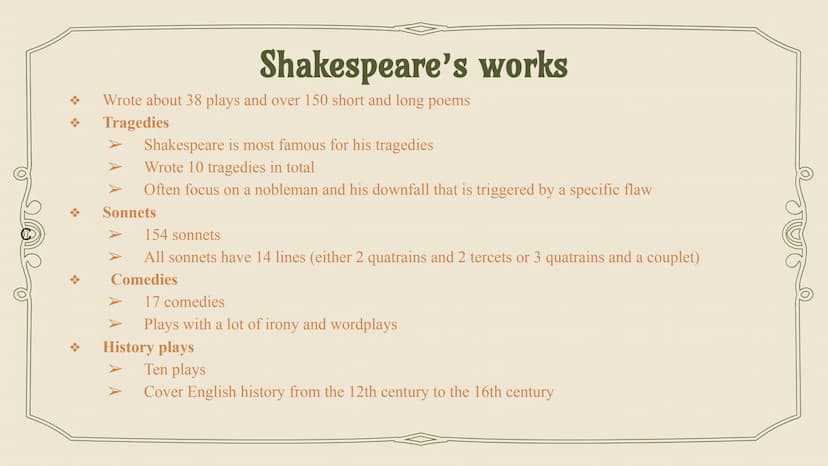 WILLIAM
SHAKESPEARE
1564-1616 TABLE OF CONTENTS
01 Shakespeare's life
02
His works
Sonnets, tragedies, comedies,
history plays and their
cha