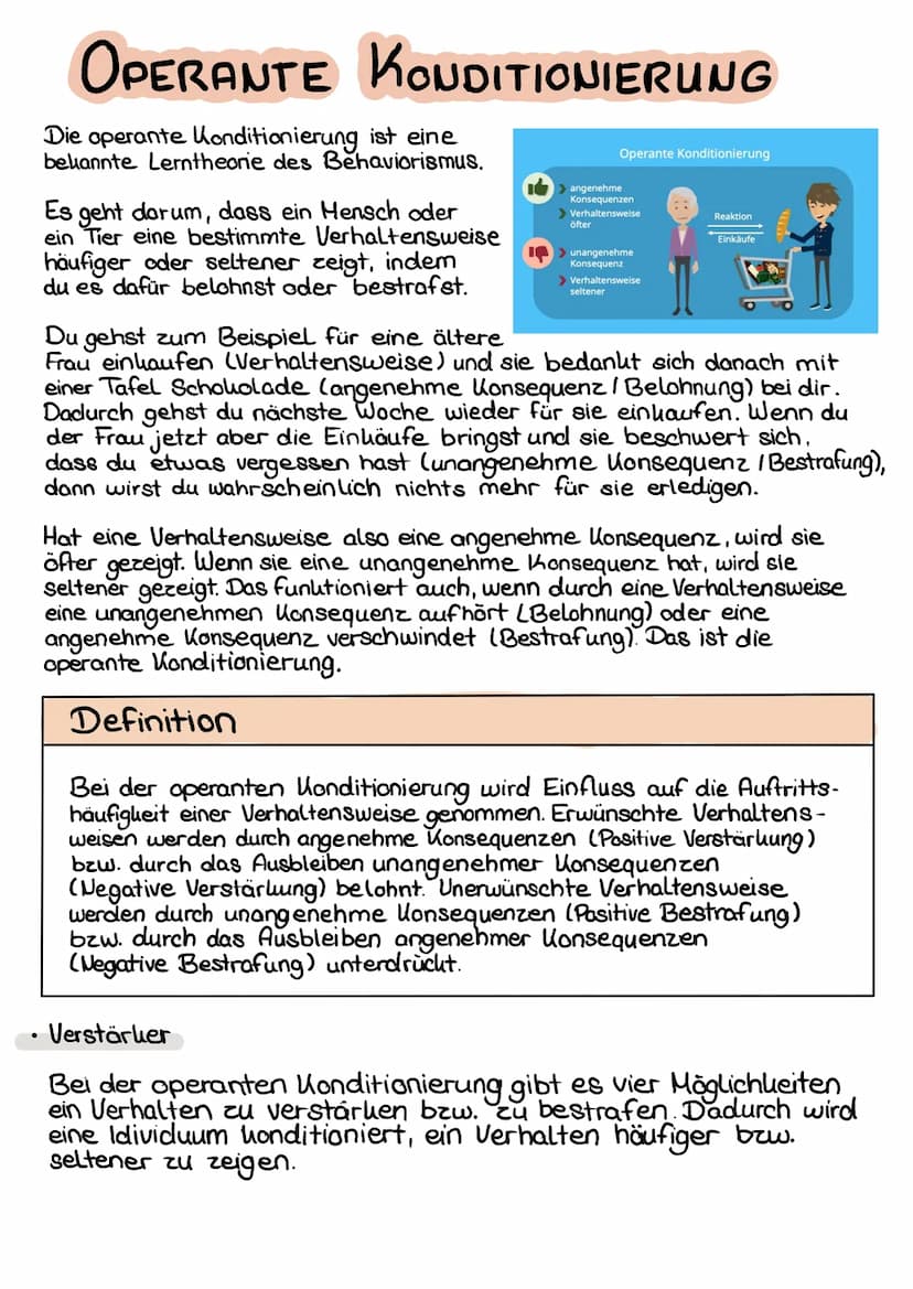 OPERANTE KONDITIONIERUNG
Die operante Konditionierung ist eine
bekannte Lerntheorie des Behaviorismus.
Es geht darum, dass ein Mensch oder
e